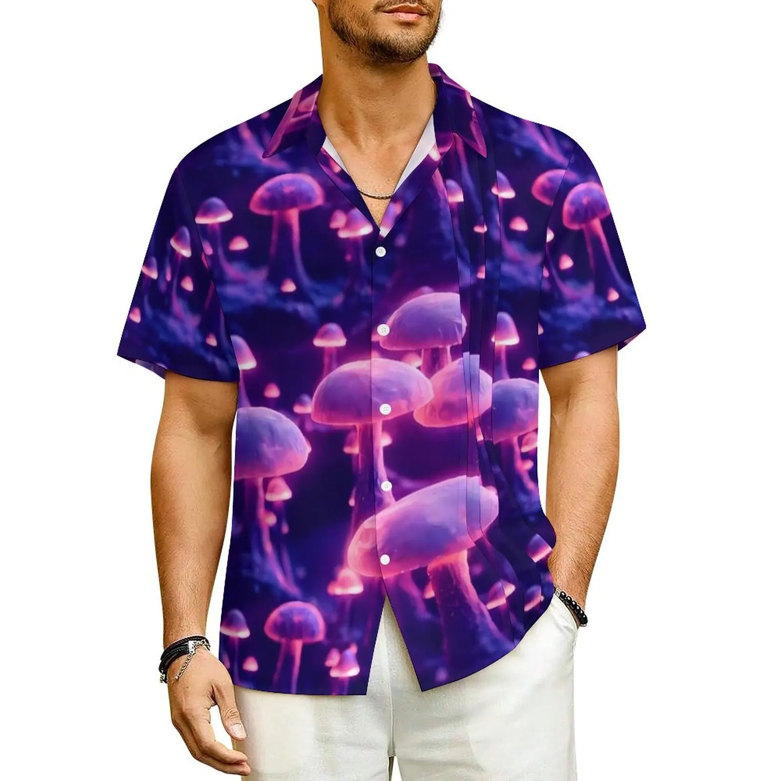 

Magic Mushroom Vacation Shirt Mens Purple Mushrooms Print Cool Casual Shirts Hawaii Short Sleeve Y2K Funny Oversized Blouses