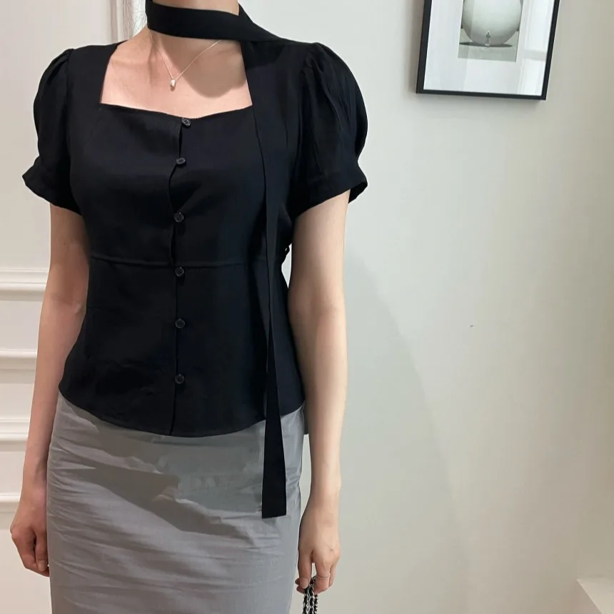 Ele Summer ort Sve irt enkele knoop stropdas vierkante kraag casual Sle dames Faion Bubble Sve normaal dun