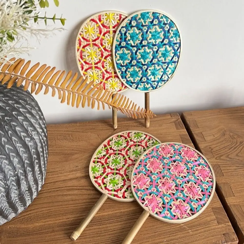 Crafts Handmade Bamboo Braided Fan Ancient Colorful Weaving Fan Round Chinese Hand Cranked Fan Summer