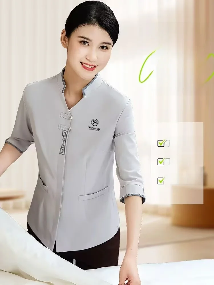 

Housekeeping Work Uniform Short Sleeve Hotel Room Cleaning Women's Style V-Neck Polyester Cotton Blend Thin Material