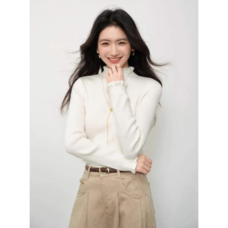 

ALXNAN Woman's White Pullover Ruffled Mock Neck Simple Regular Shoulder Knitted Sweater Autumn Warm Versatile Clothing L58976