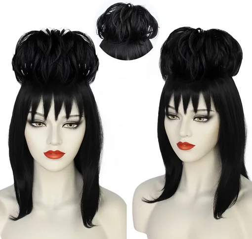 Lydia Deetz Cosplay Wig Bride Gown Costume Props Black Synthetic Straight Hair Women Girls Halloween Carnival Party Accessories