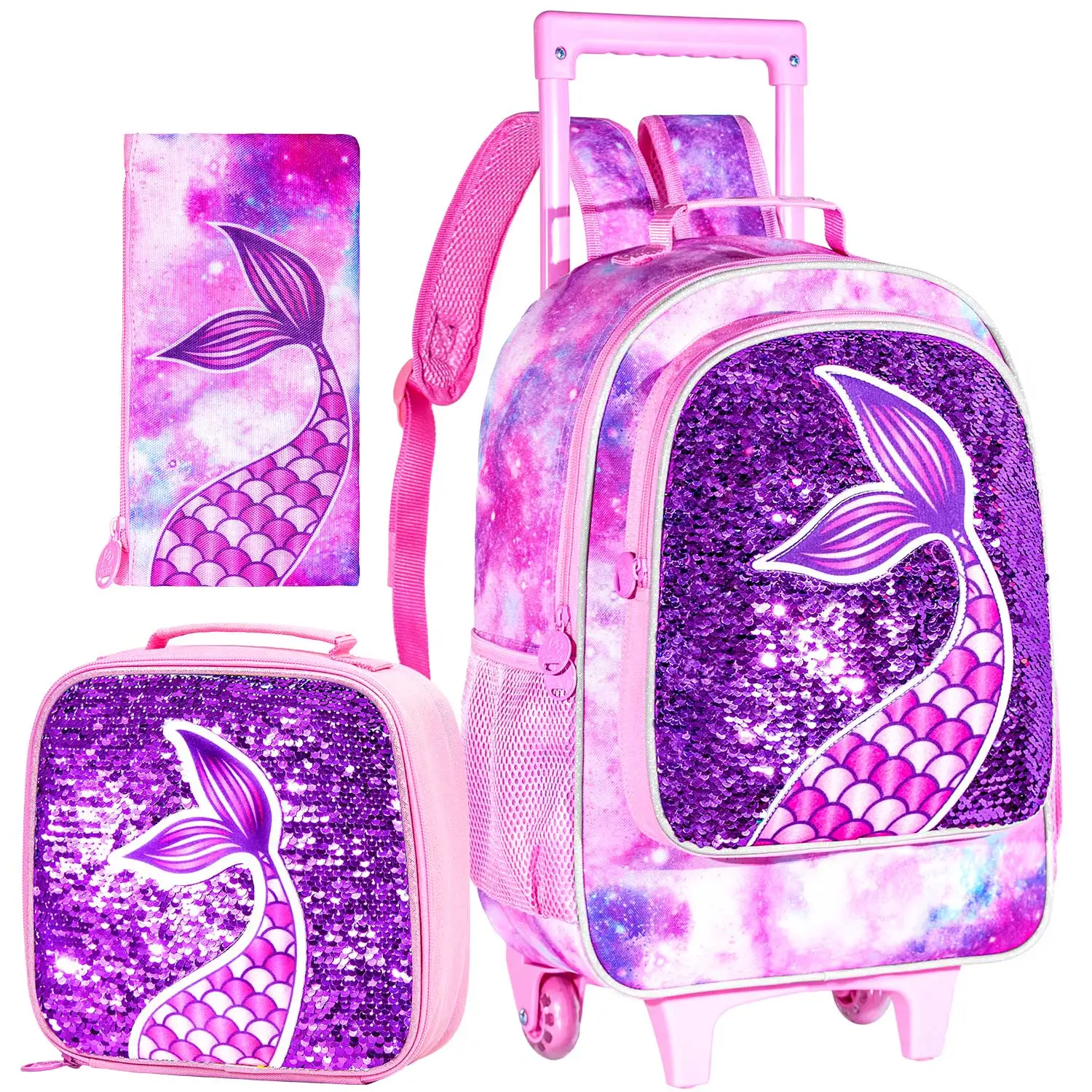 

3PCS Rolling Backpack for Girls, Kids Roller Wheels Bookbag, Wheeled School Bag with Lunch Bag
