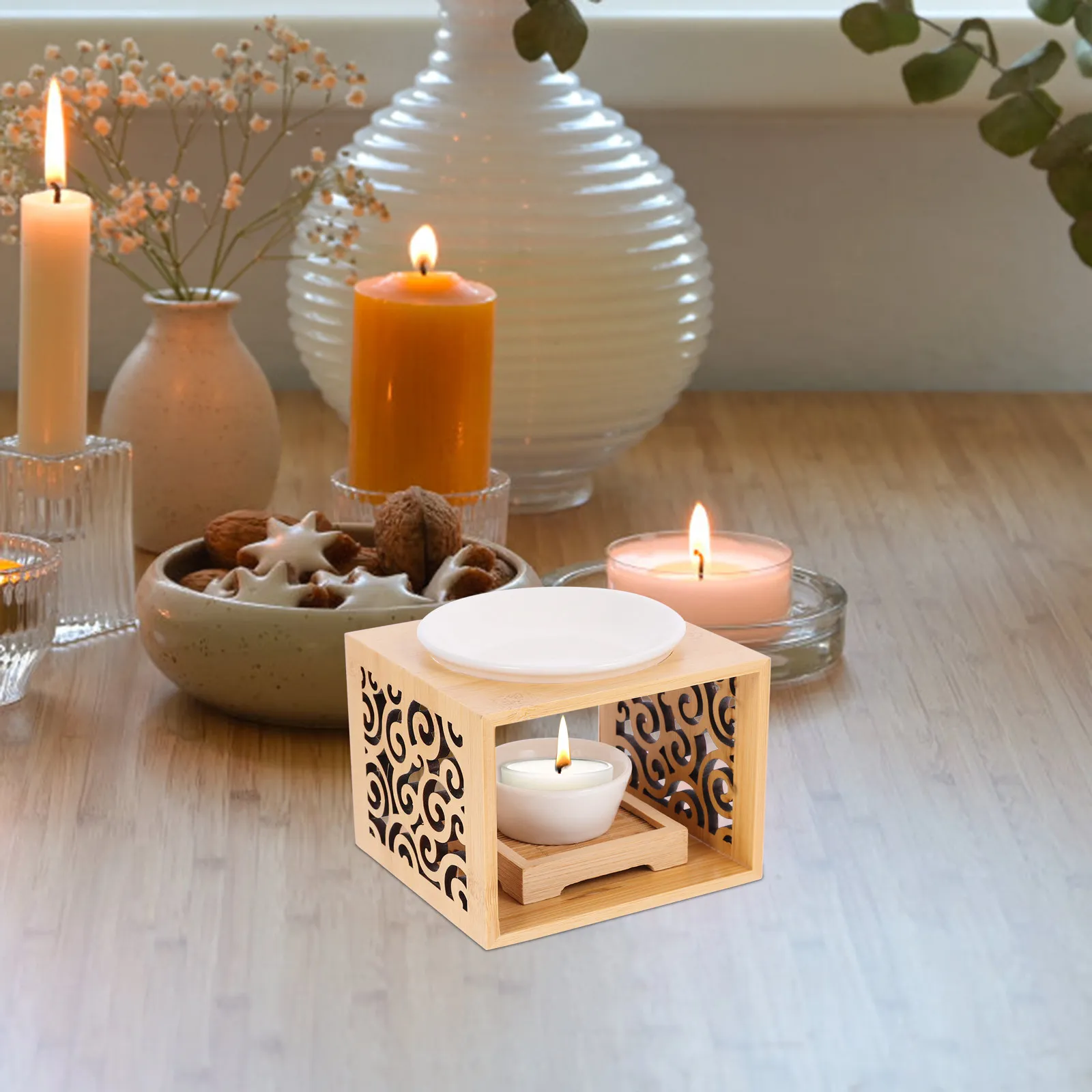 1Pcs Wooden Hollow Aroma Burner Essential Oil Diffuser with Ceramic Tray 60Ml Water Capacity for Home Decor Night Light