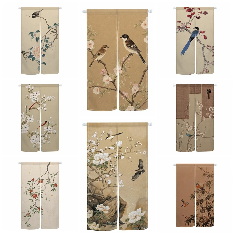 Chinese Style Bird Flower Noren Curtain Traditional Home Decor Doorway Partition Screens Restaurant Kitchen Split Half-curtains