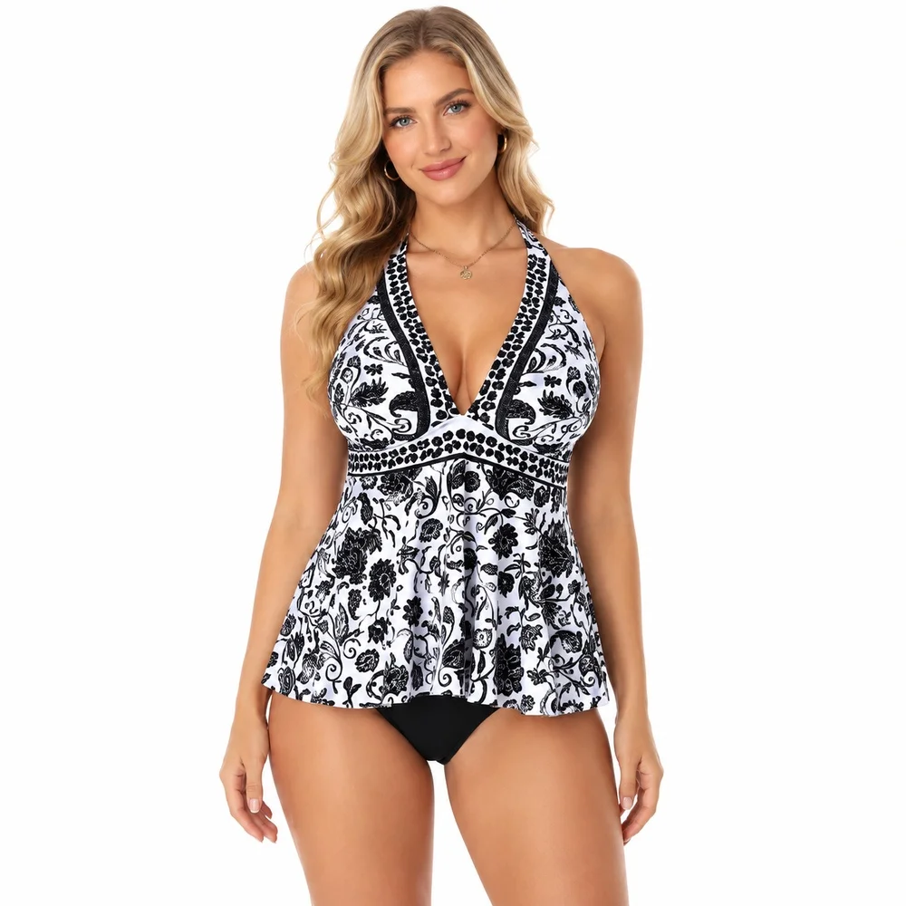 

Women Plus Size Tankini Swimsuit, Black White Floral Two Piece Swim Dress with Halter Straps for Beach Pool Vacation Wear