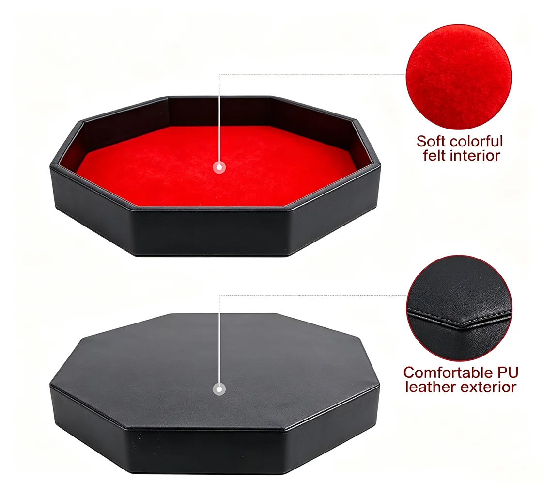 1Pcs Octagon Red Black Dice Tray Non-Slip Felt Lined for RPG Board Games Family Game Night Party Collectors Gift