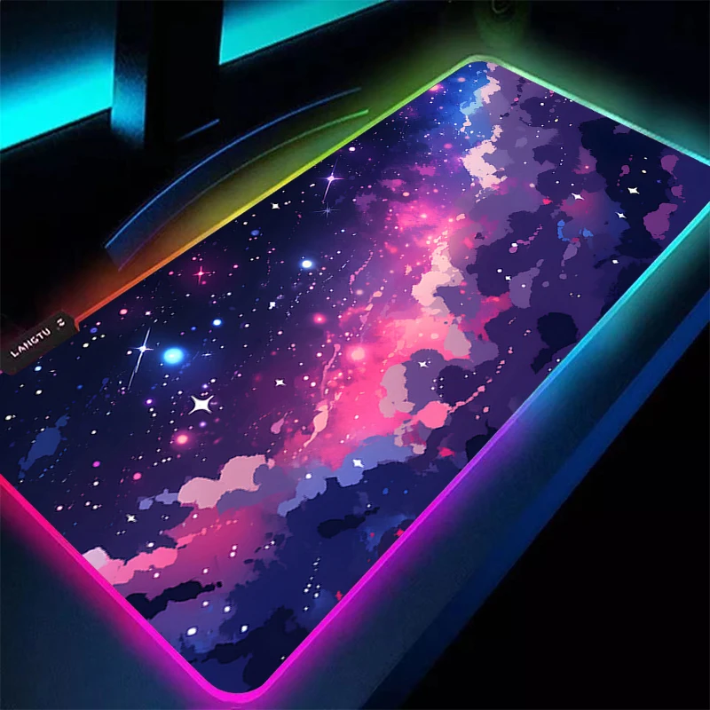 Alfombrilla LED para ratón, alfombra RGB para ordenador portátil, alfombrilla para teclado Kawaii, alfombrilla para ratón con nubes rosas, borde, borla blanca, alfombrilla de goma para escritorio extendida