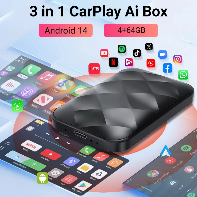 New 3in1 Android 14 Wireless CarPlay Smart Box Android Auto For Youtube Netflix WIFI Adapter Plug and Play For Toyota Mazda Ford