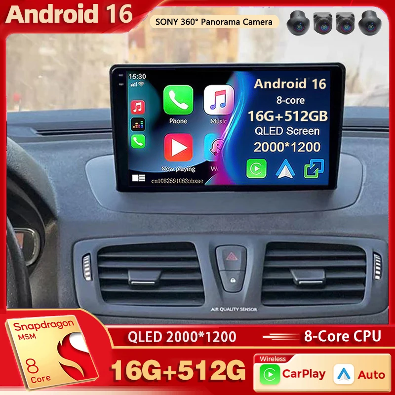 Android 16 For Renault Megane 3 2008 - 2014 2K QLED Android Car Radio Multimedia Video Player GPS stereo CarPlay 4G Navigation