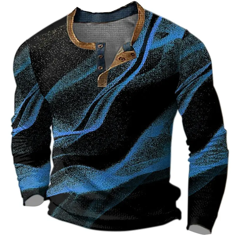 Color Block Henley Shirts Gradient 3D Print Streetwear Men\'s Fashion Button-Down Long Sleeve T Shirt Man Male Tees Tops Clothing