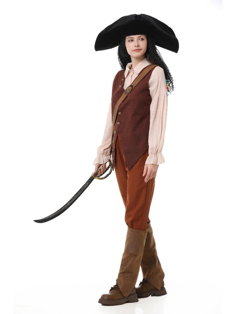 Erwachsenen-Vintage-Piratenkostüm, Gerüschte Bluse, Knopfweste, Schwarzer Dreispitz, Halloween-Bühnenauftritt, Ausgefallenes Outfit-Set – Detail 11