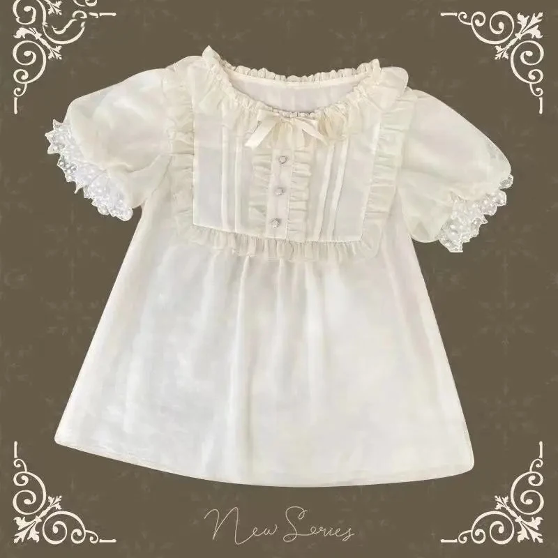 

Lolita Short Sleeve Japanese Kawaii Lace Summer Sweet Blouse Women Bow Ruffle O Neck Loose Chiffon Top Victorian Cosplay Shirts