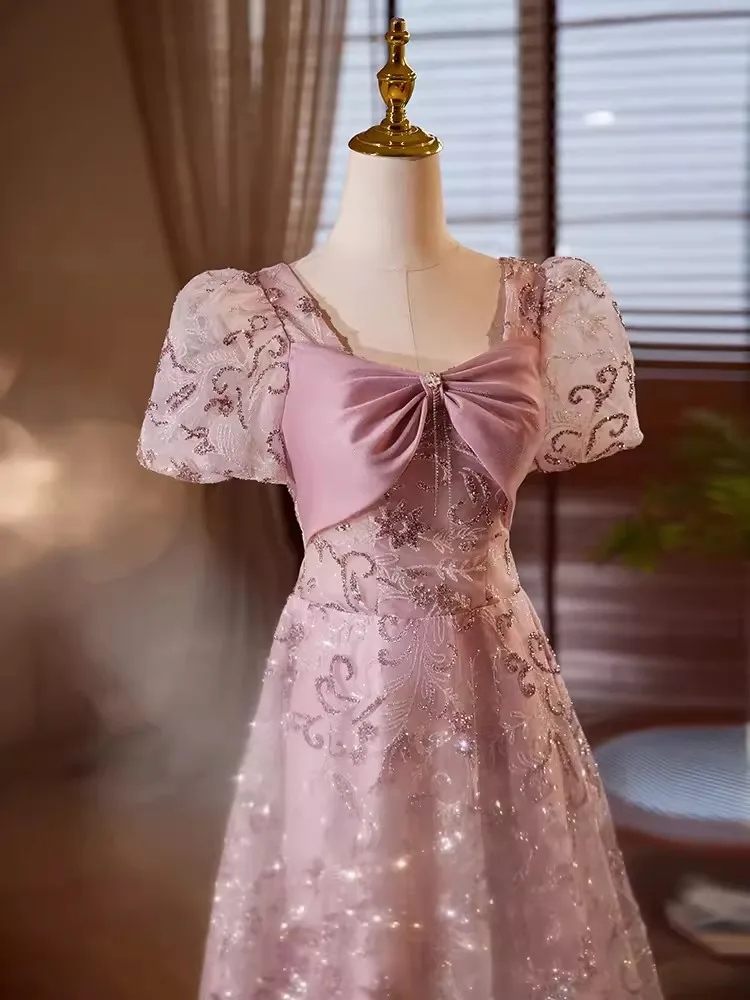 Vestidos de Noche de estilo Original personalizados para mujer, vestido cuadrado de manga corta con lazo, línea A, largo hasta el suelo, para graduación, boda, ocasión