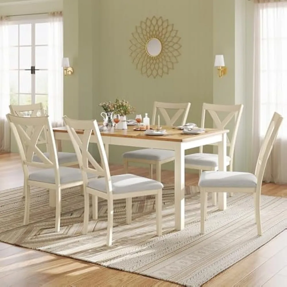 

7-Piece Farmhouse Wood Dining Table Set with 6 Chairs, 60" Rectangular Dining Table & Chair Set for 6 People, Dining Table