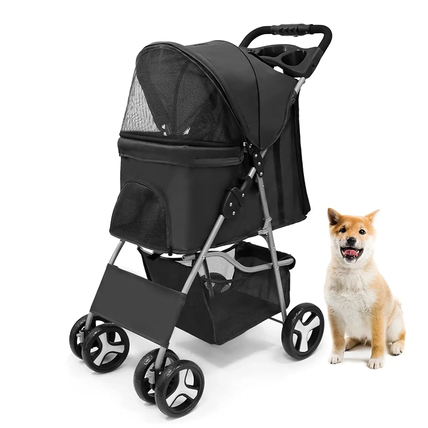 4 Wheel Foldable Cat Dog Stroller with Storage Basket, Handle 360  Front Wheel Rear Wheel with Brake for Small Medium Dogs