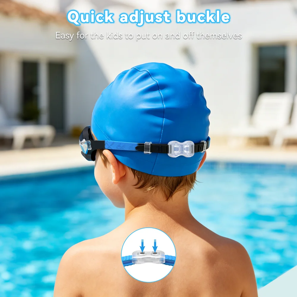 Schwimmbrille für Kinder, Schwimmbrille, beschlagfrei und auslaufsicher, schnell verstellbarer Riemen, austauschbare Nasenbrücke, für Mädchen und Jungen im Alter von 3–14 Jahren – Detail 6