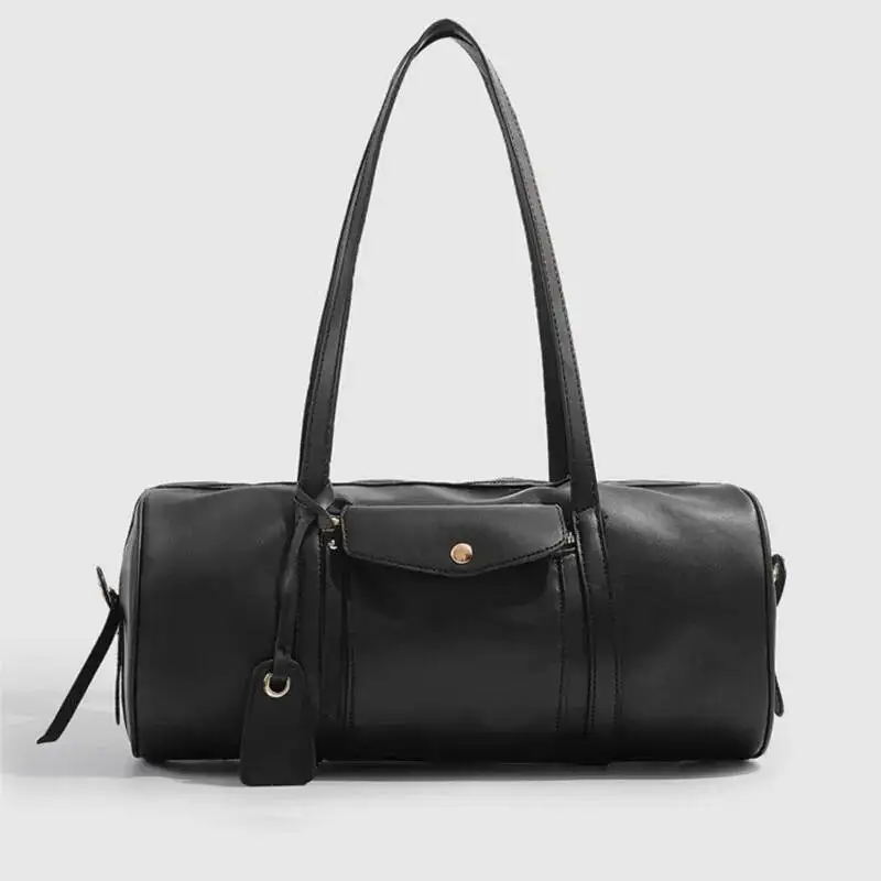 

Retro Black Shoulder For Women Zip Cylinder Leather Large Capacity Handbag Ladies Fashion Simple Versatile Crossbody Bag New
