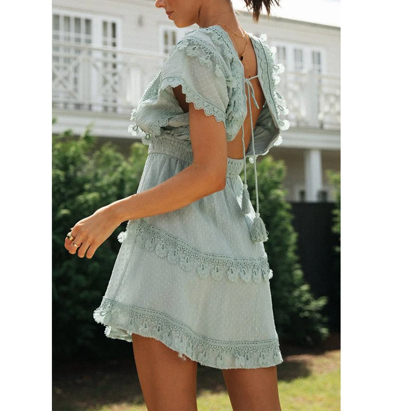 Mini abito estivo da donna Sexy manica corta a pipistrello Bohemian Vestito estivo da donna Profondo scollo a V in pizzo Backless Nappa Boho Abiti corti