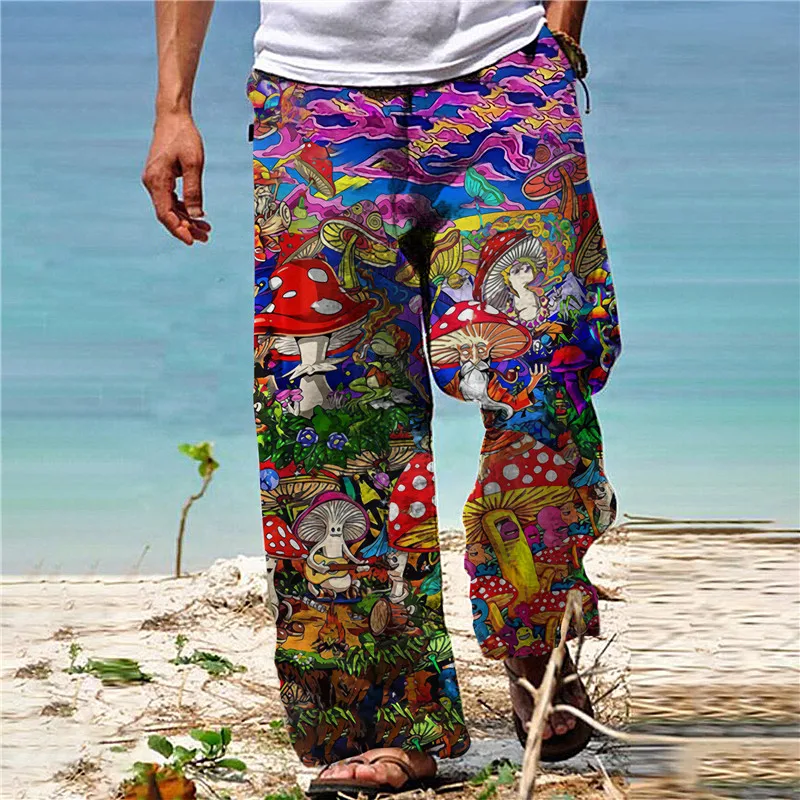 Men\'s Trousers Summer  Beach Pants Drawstring Elastic Waist Totem Printing Comfort Casual Long Pants