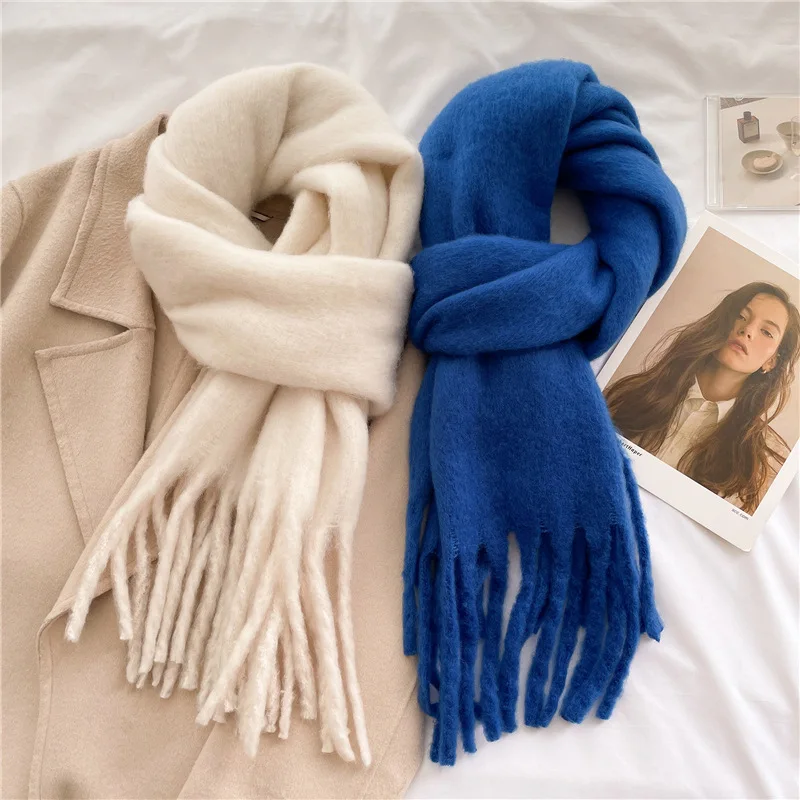 Solid Color Fluffy Chunky Scarf Imitation Cashmere Soft Cozy Tassel Long Scarf Winter Thickened Warm Coldproof Versatile Scarf