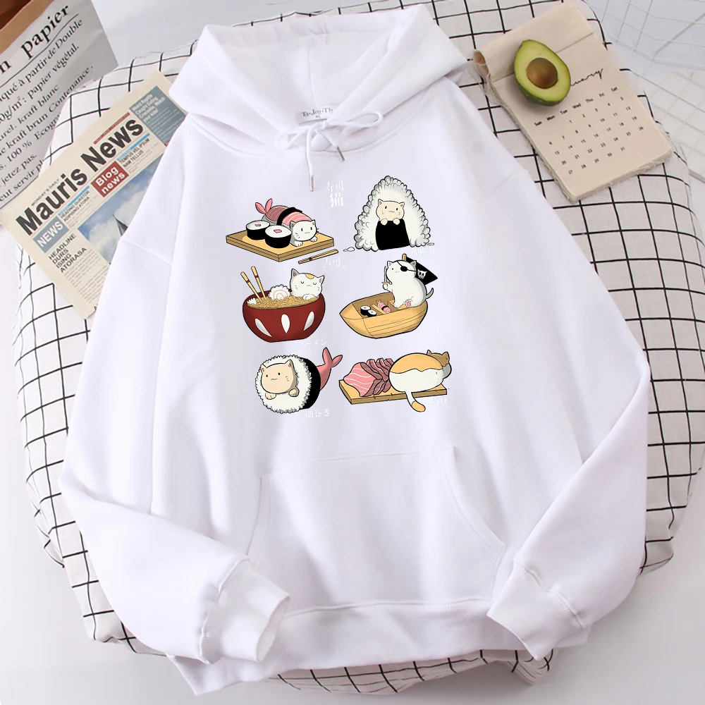Cute cat sushi print men's hoodie autumn hip-hop loose and comfortable hoodie fashionable high-quality hoodie