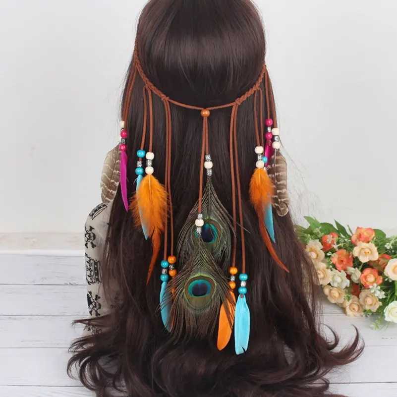 2023 New Fashion Boho Feather Headband for Women Festival Hair Accessories Peacock Feather Turban Ladies Adjust Hairband