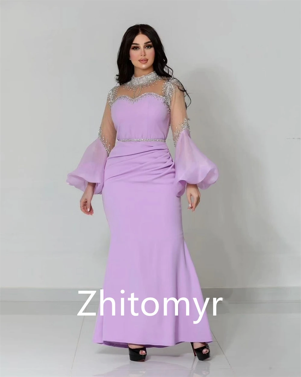 Jiayigong  Jersey Rhinestone Pleat Evening Mermaid High Collar Bespoke Occasion Gown Midi Dresses Saudi Arabia