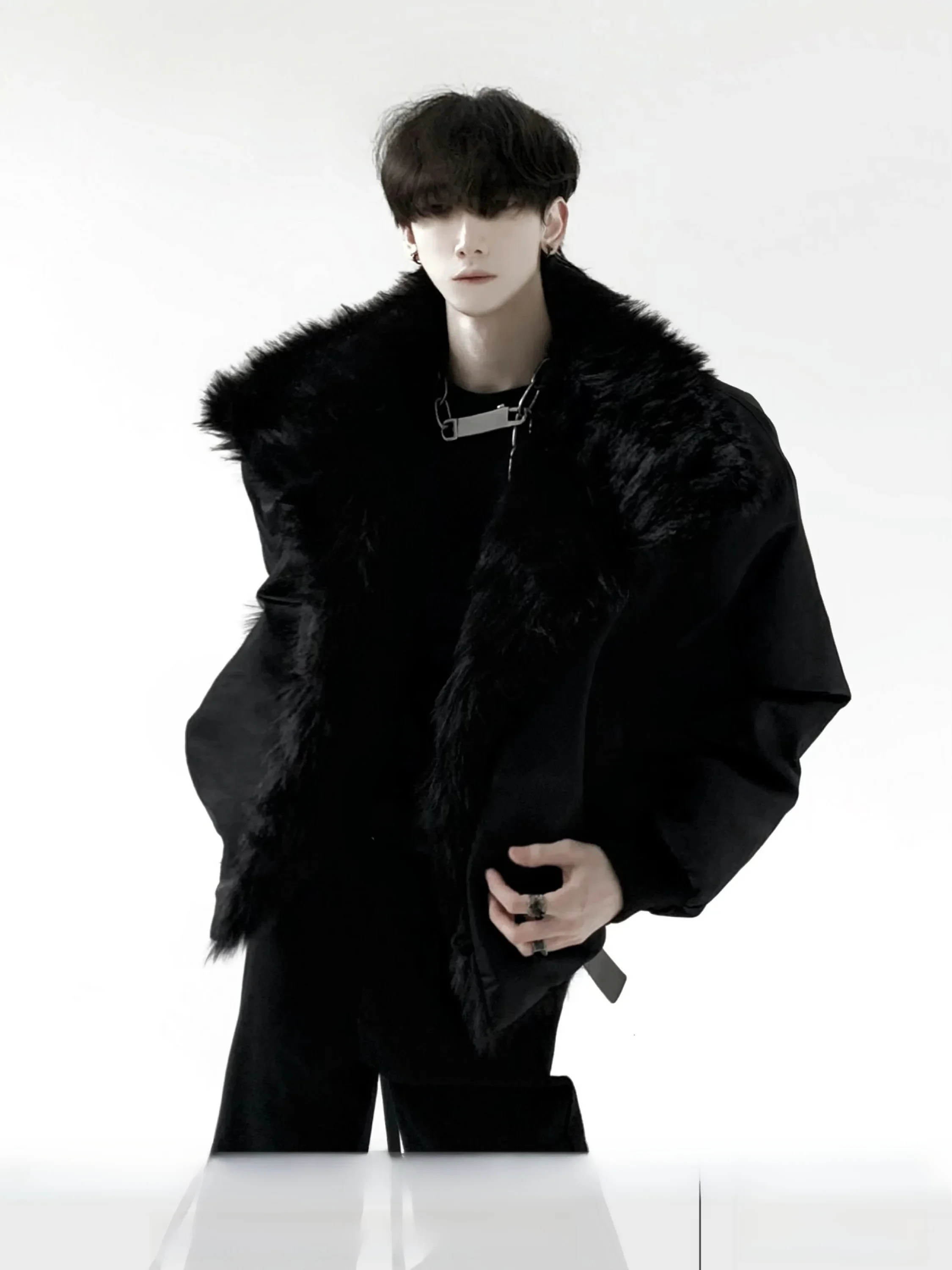Autumn Mountain Wind Luxury Black  Fur Jacket Men's Winter Thickened Flocking Heavyweight Large Fur Collar Cotton Coat