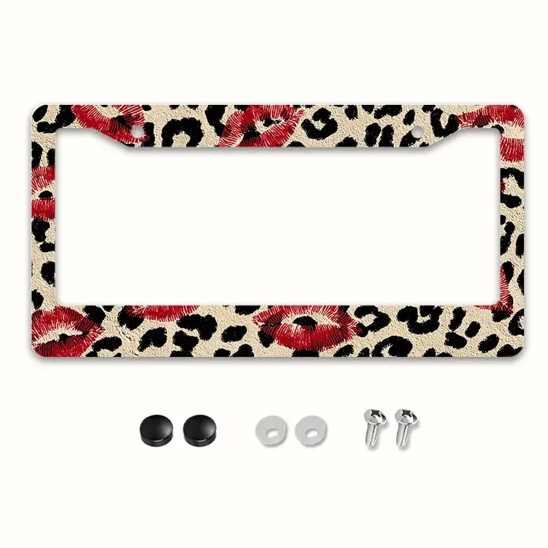 1pc Metal License Plate Frame with Leopard Print Red Lips Golden Tone Valentine Day Car Plate Cover, Fit for SUVs