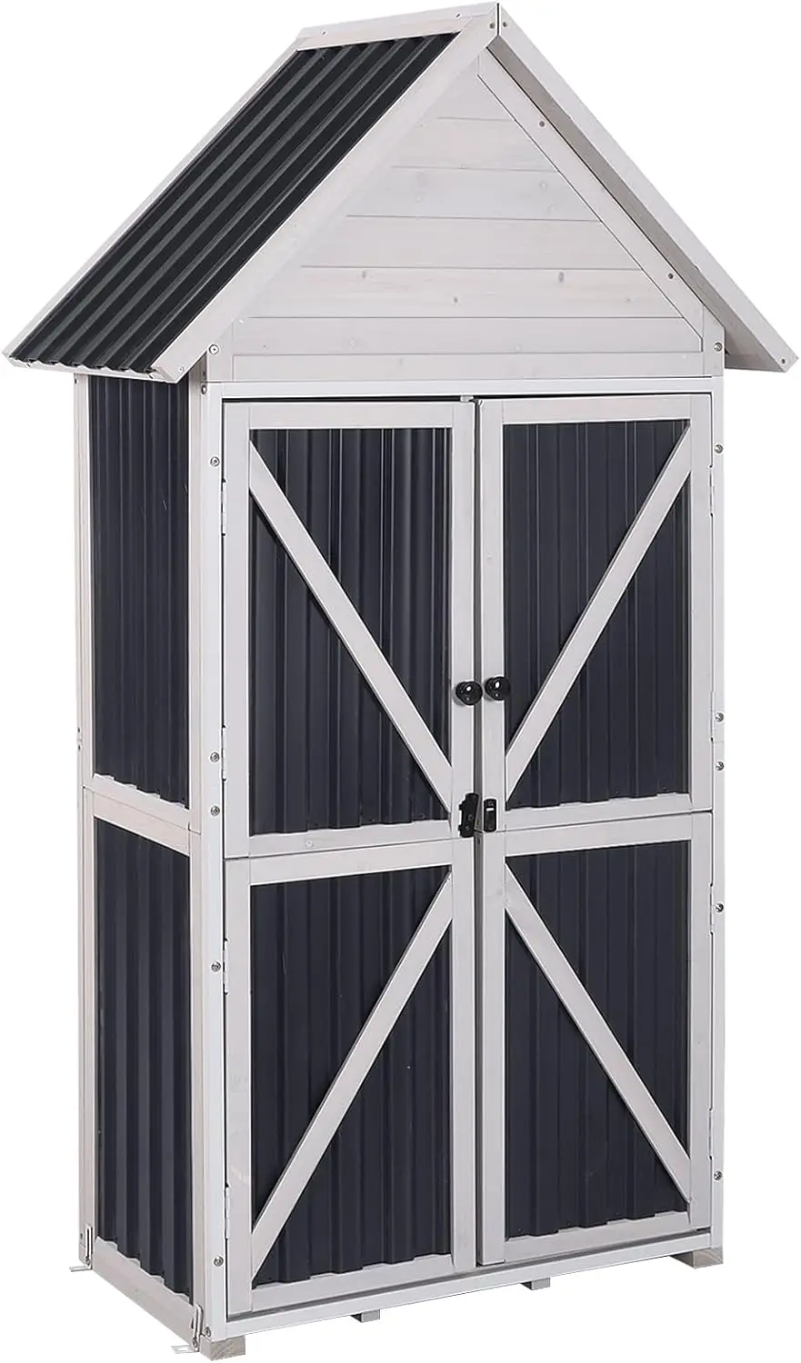 

Outdoor Storage Cabinet, Wood & Metal Frame Garden Storage Shed with Waterproof Plastic Roof, Adjustable Shelves, Raised Base, W
