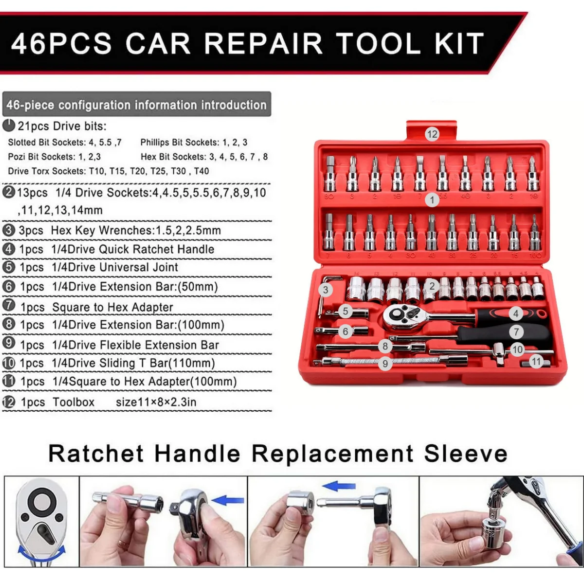 46 PCs Wrench Socket Set, Hardware Car Motorcycle Repair Kit Ratchet Wrench Tool Set, Car Repair Tool Kit