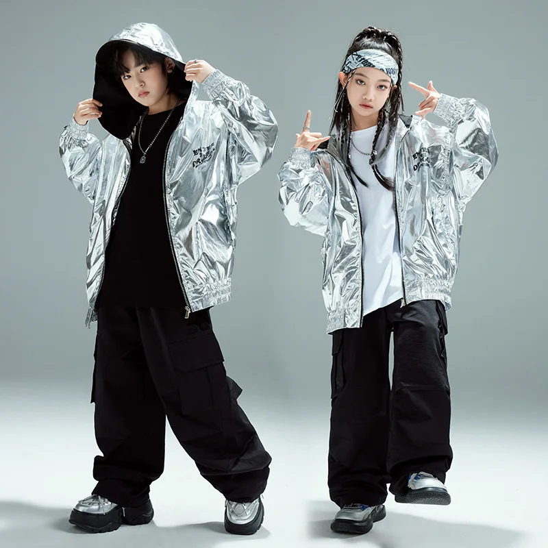 Boys Hip-hop Silver Hooded Jacket Black Pants Outfits Cool Ballroom Dance Clothes Set Kpop Stage Wear Girls Jazz Dance Costumes