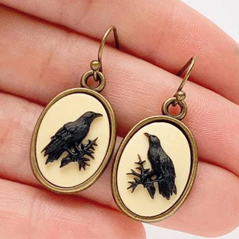 Retro Oval Black Crow Drop Earrings Women Party Accessories Ancien Ethnic Personalized Dangle Earrings