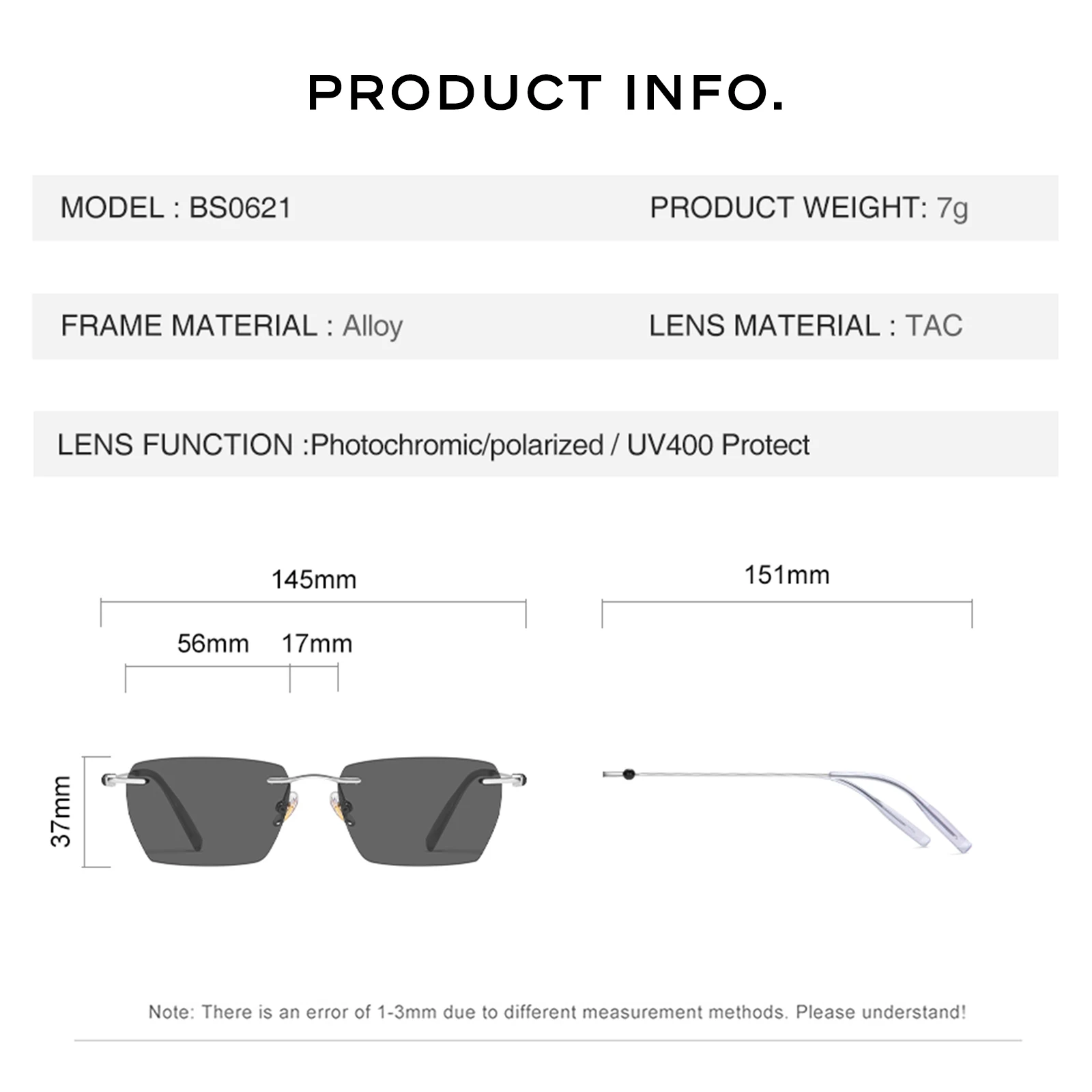 CAPONI Polarized Men Sunglasses Original Design Ultralight Rimless Photochromic Light Black SunGlasses Driver UV400 Shade BS0621