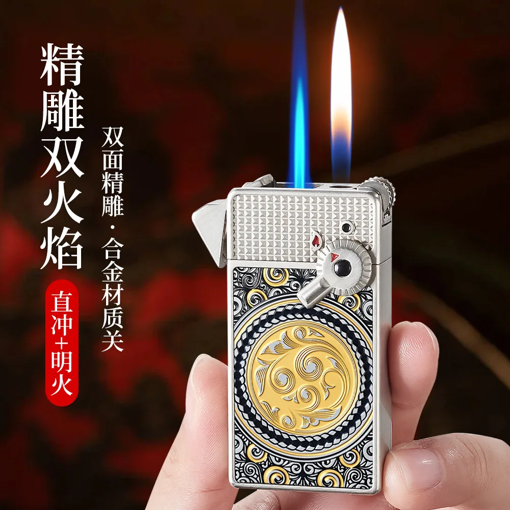 Double Flame Butane Lighter Creative Side Sliding Grinding Wheel Ignition, Personalized High-end Business Gift, Birthday Present