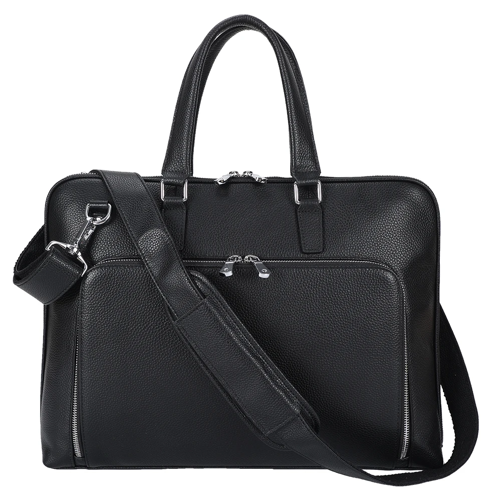 Full Grain Leather Cow Hide 15.6 Inches Case Messenger Business Bag Real Black Pebble Leather Computer Laptop Briefcases
