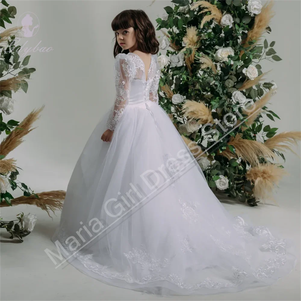 فستان أبيض أنيق لفتاة الزهور مع دانتيل منتفخ مزين حسب الطلب للأطفال #2