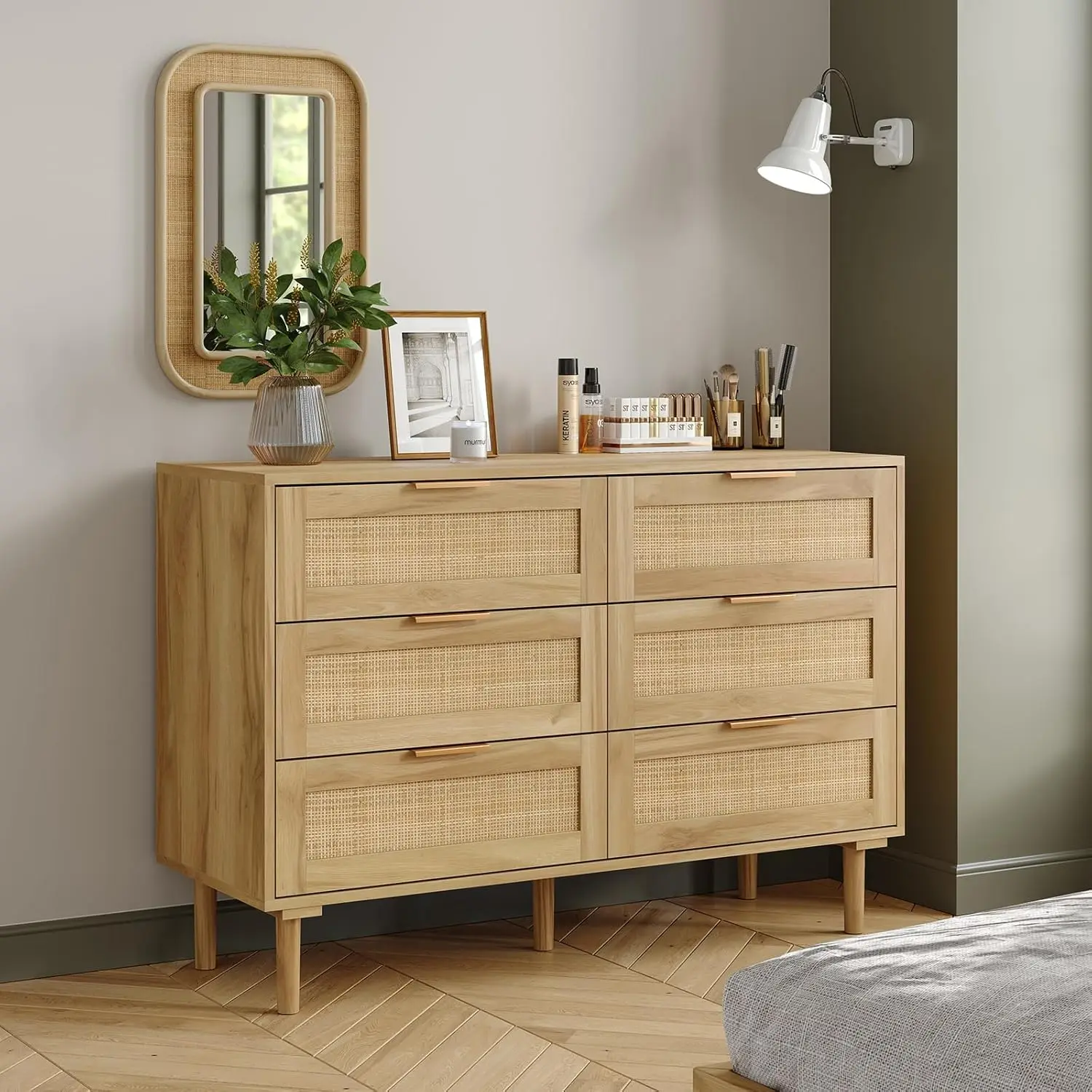 6 Drawers Rattan Dresser for Bedroom, Wooden Dresser Chest of Drawers, Storage Organizer for Closet, Beside Table for Living