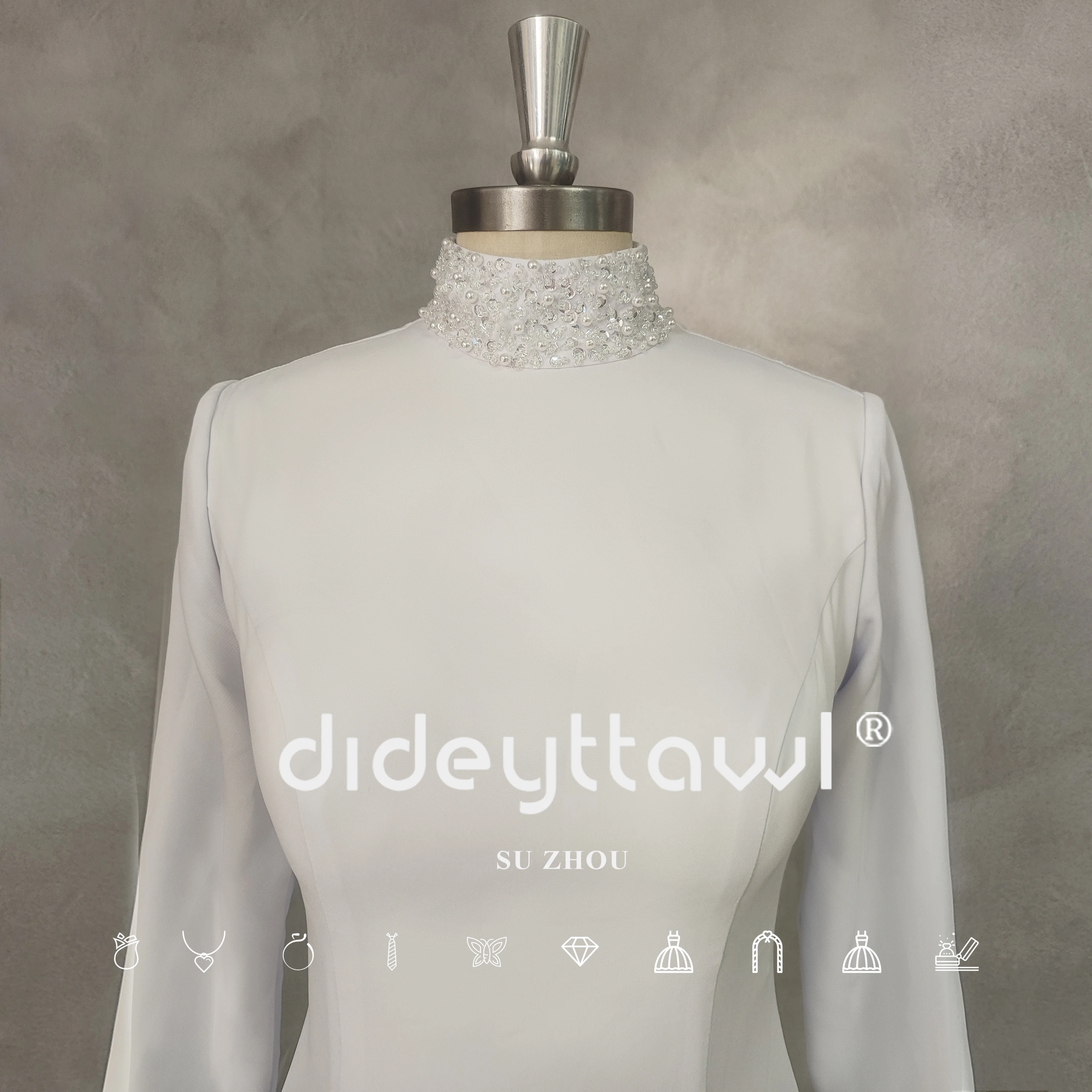 DIDEYTTAWL Long Sleeves High-Neck Feather Shiny Crepe Mini Wedding Dress For Women Zipper Back Short Above Knee Bridal Gown