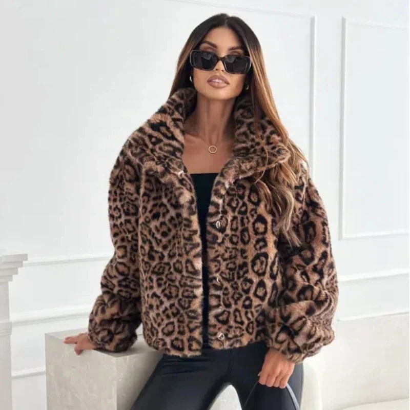 Fashion Artificial Fur Texture Jacket For Woman Elegant Leopard Print Short Women Jacket 2024 Autumn Winter New Women\'s Clothing