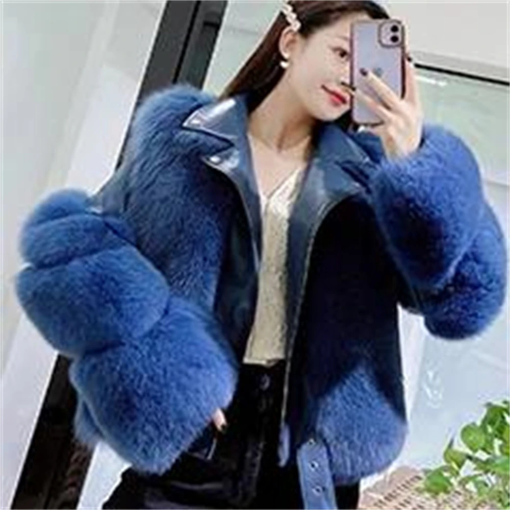 Faux Fox Fur Coats for Women Motorcycle Overcoat PU Leather Turn Down Collar Warm Jackets Warm Outwear Luxury Female Winter 2024