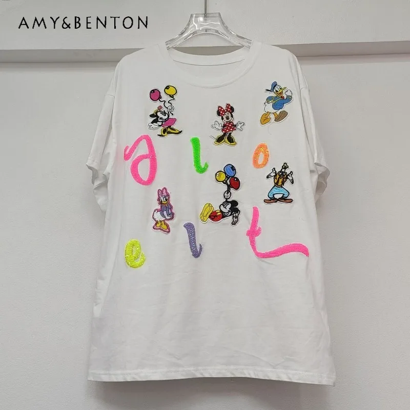 

2025 Spring Summer European Fashion Top Women's New Loose And Thin Comfortable Letter Cartoon Round Neck Short Sleeve T-shirt
