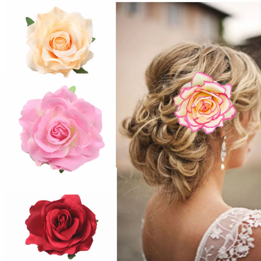 

Women Girl Rose Flower Hair Clip Solid Corsage Simulation big rose Head Wear Head Accessory Hairpin Wedding Bridal Headdress