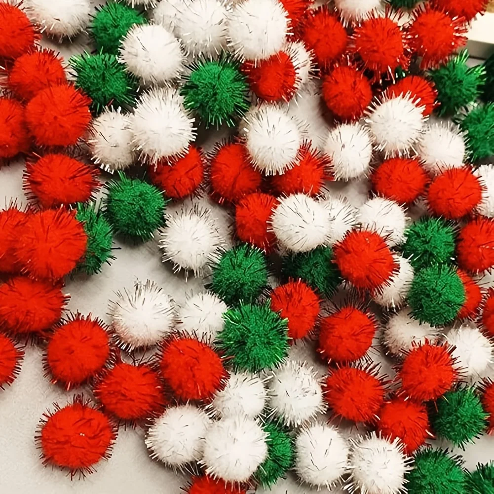 100/200 Glitzer-Pelzkugeln, bunte 0,39-Zoll-Pailletten-Plüschbälle in Weiß, Grün und Rot, geeignet für handgefertigte Feiertage