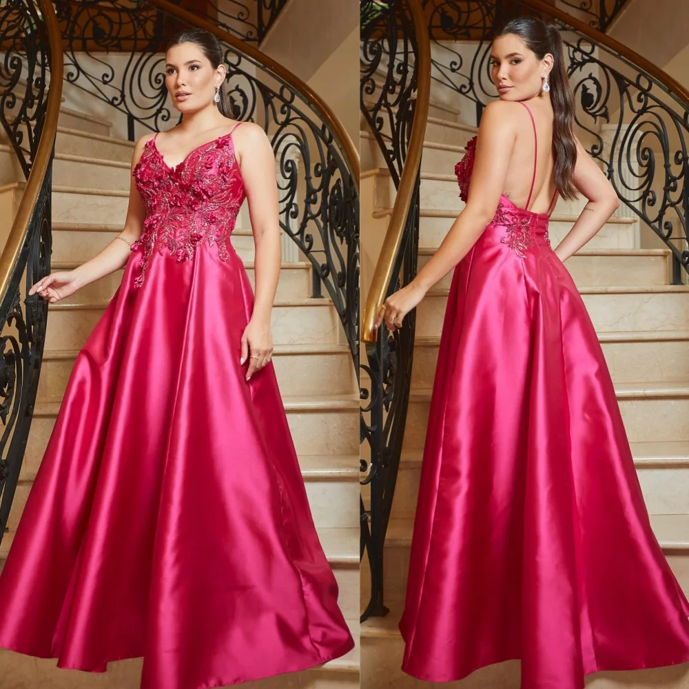 Customized Evening  Sexy Casual  Satin Draped Pleat Applique Beach A-line Spaghetti Strap Bespoke Occasion Gown Long Dresses