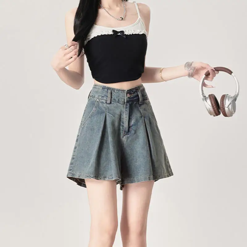 High Waist A-Line Wide Leg Denim Shorts Women's Spring Summer New Loose Personality Short Pants Trendy High Waist Shorts