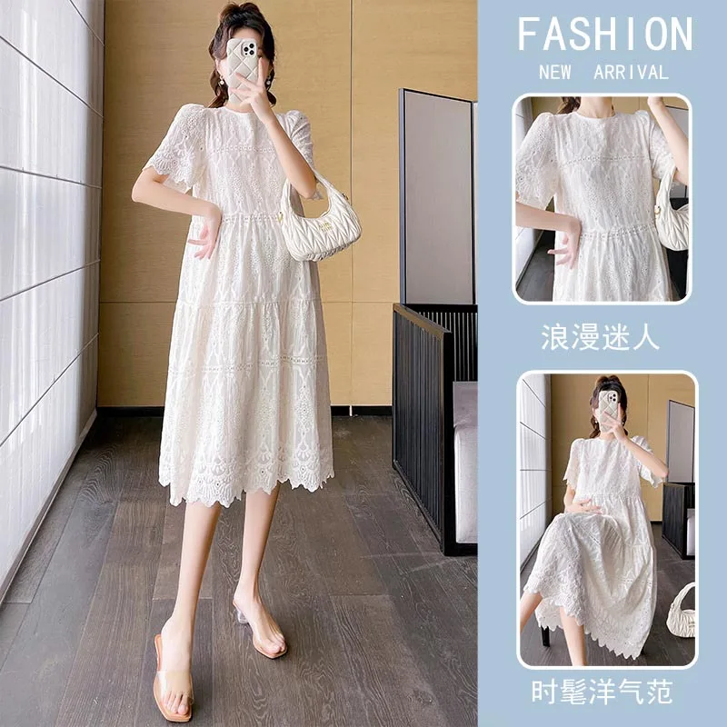 Pregnant Woman Lace Dress Summer Short Sleeve O-Neck Hollow Out Maternity Cotton Dress Sweet Long Loose Princess Clothes