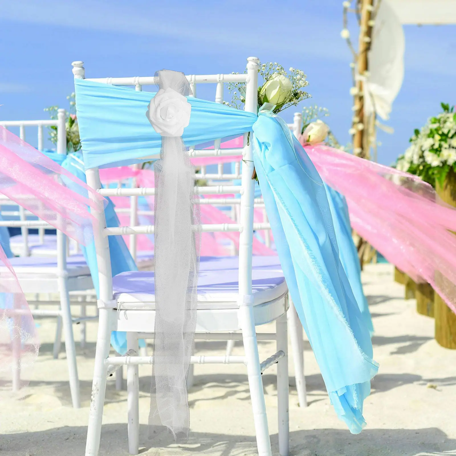 Artificial Floral Chair Sashes White Flower Tulle Tie for Wedding Church Ceremony Banquet Party Decoration Decorative Chair Bows
