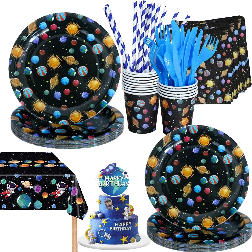 Space Themed Party Supplies Space Birthday Decorations for Boys Galaxy Party Decor Happy Birthday Party Disposable Tableware Set